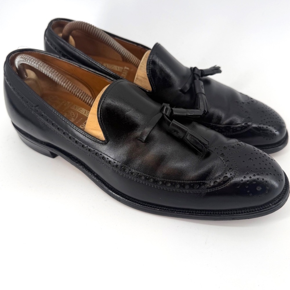 VTG 80s Johnston & Murphy Aristocraft Black Leather Wingtip Tassel Loafers 10.5R